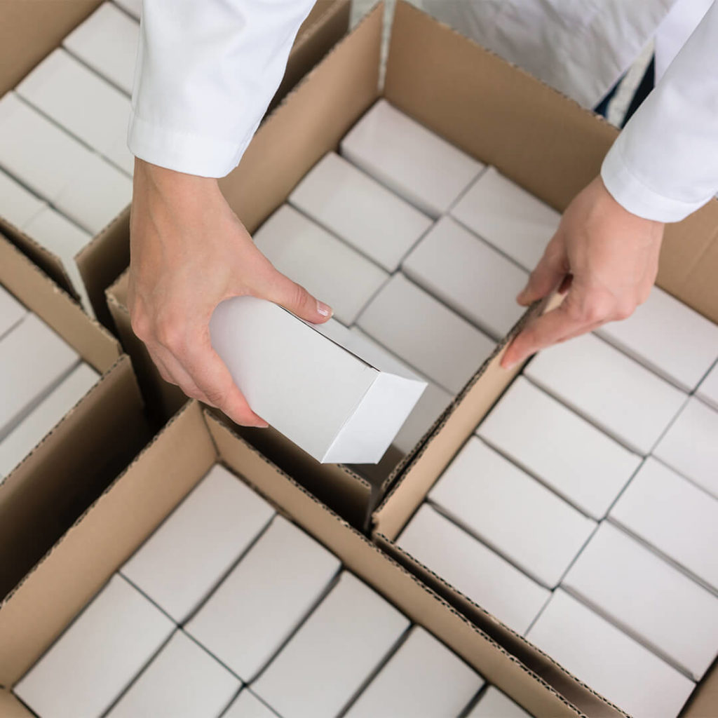 Boxed products being put into storage