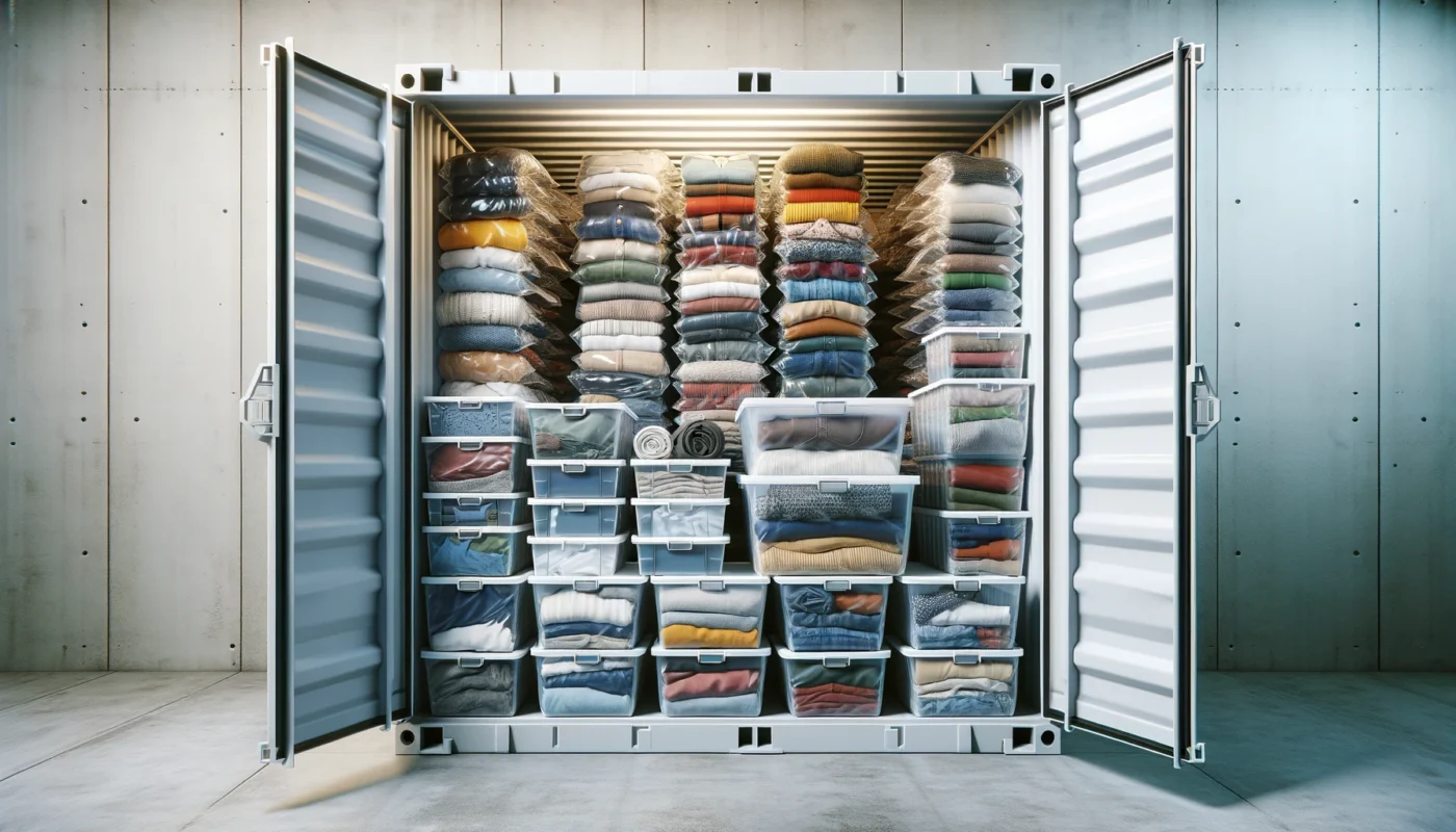 A highly organised storage unit with clothes stored inside.