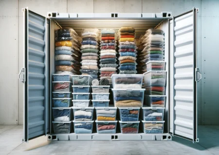 A highly organised storage unit with clothes stored inside.