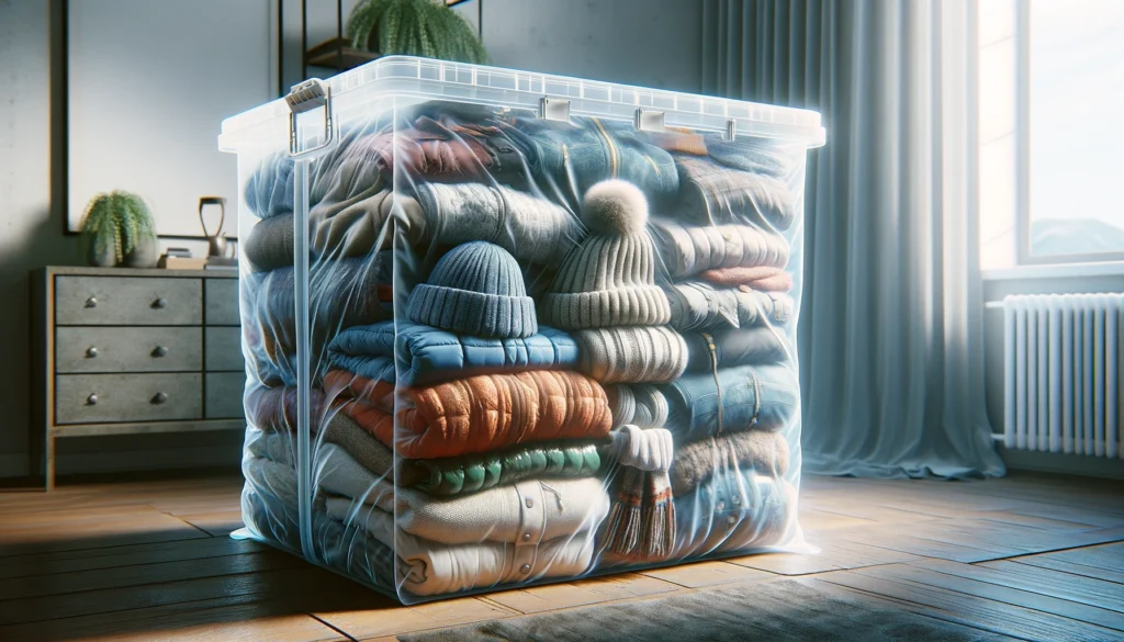 Winter clothing stored in a plastic container.